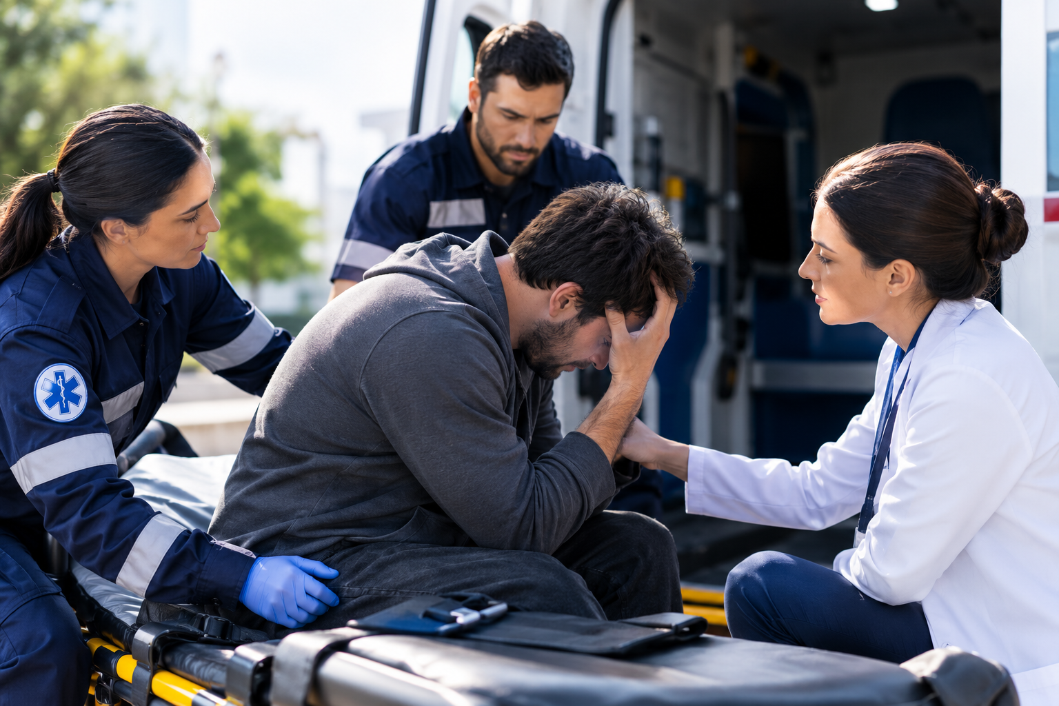 Ambulância em atendimento noturno para remoção especializada de paciente em crise psiquiátrica